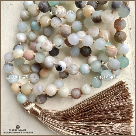 Mala Amazonite Beads Necklace Natural Matte Gemstone Silk Tassel Meditation New - Picture 13 of 15